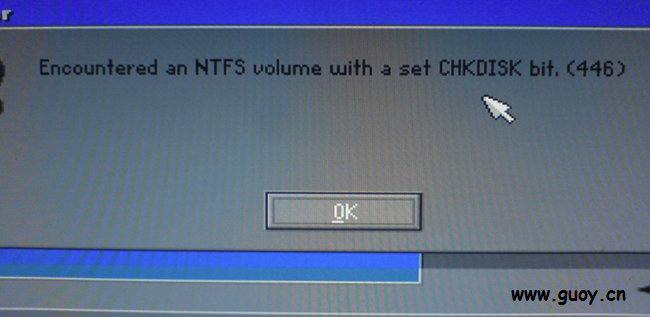 Encountered an NTFS Volume with a set CHKDISK bit.(446) 